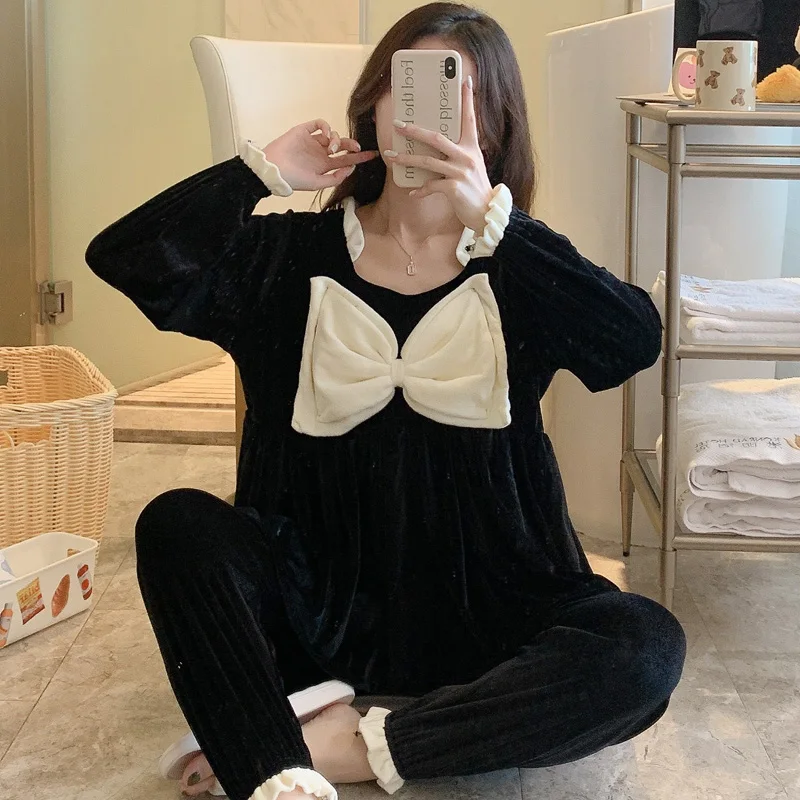 Winter Spring Women Girl Pajamas Fashion Cute Solid Color Velvet Sleepwear Sets Home Clothes