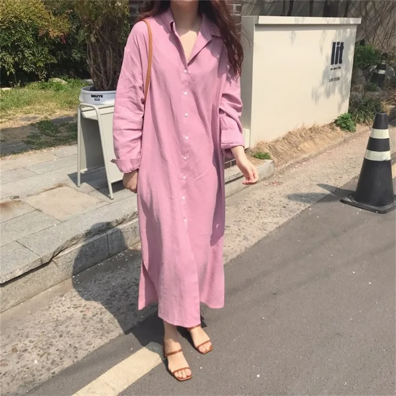 

2021 Korean Style Spring Summer French Solid Turn Down Collar Button Oversized Loose Shirt Dress Elegant Women Blouse Pink Black