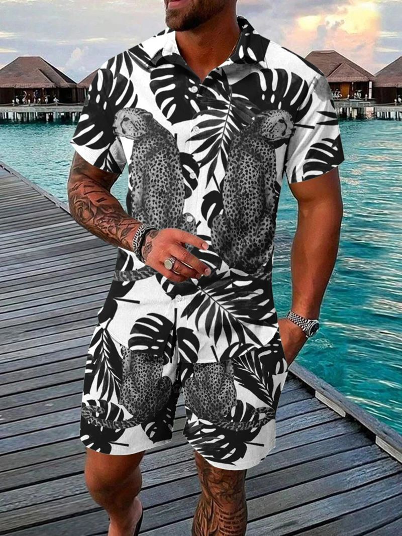 Мужская винтажная гавайская рубашка с леопардовым принтом и шорты