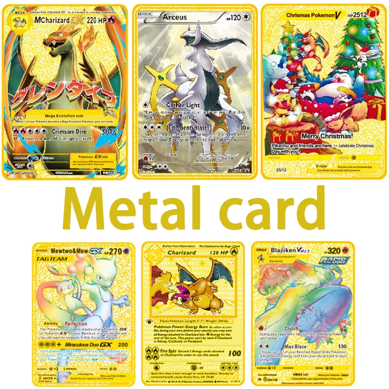 

Аниме Pokemon Pikachu Mewtwo Charizard Arceus коллекционные золотые металлические карты Mega EX Gx ⅰ gentrainer боевые оригинальные карты детские игрушки