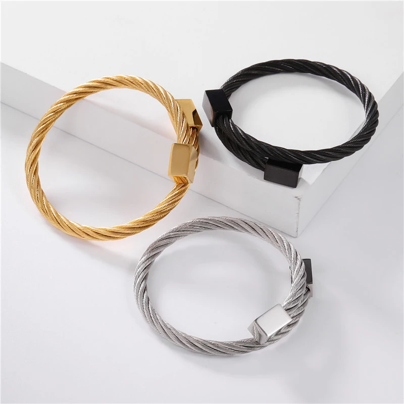 

Stainless Steel Men's Bracelets Retro Trend Winding Three Color Square Stainless Steel Bracelet Men's Fashion Jewelry