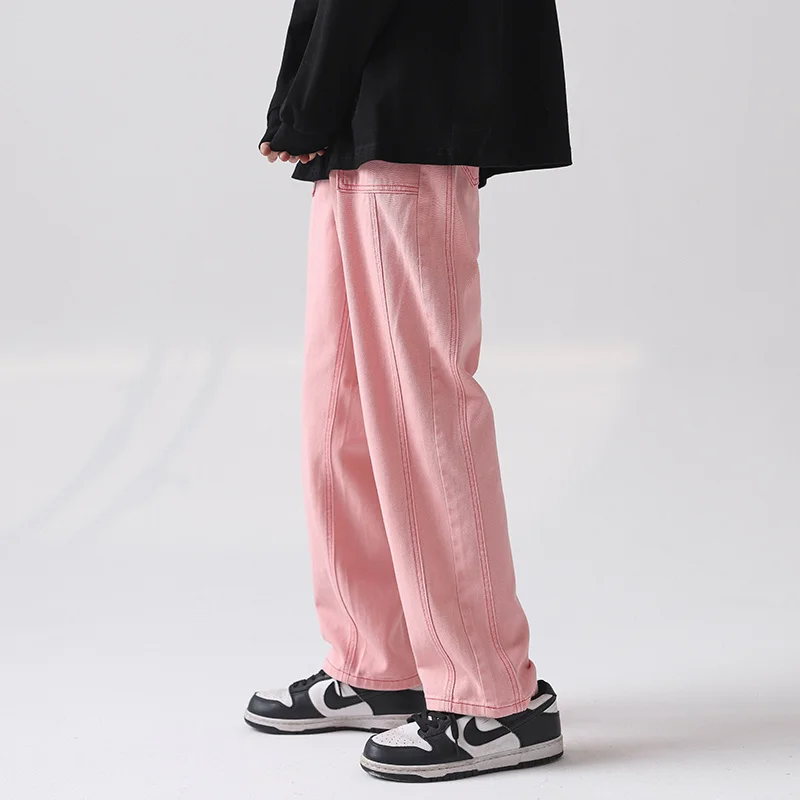 Pink Jeans Men Fashion Cotton Casual Baggy Straight Jeans Men Streetwear Loose Hip Hop Denim Pants Mens Trousers M-2XL