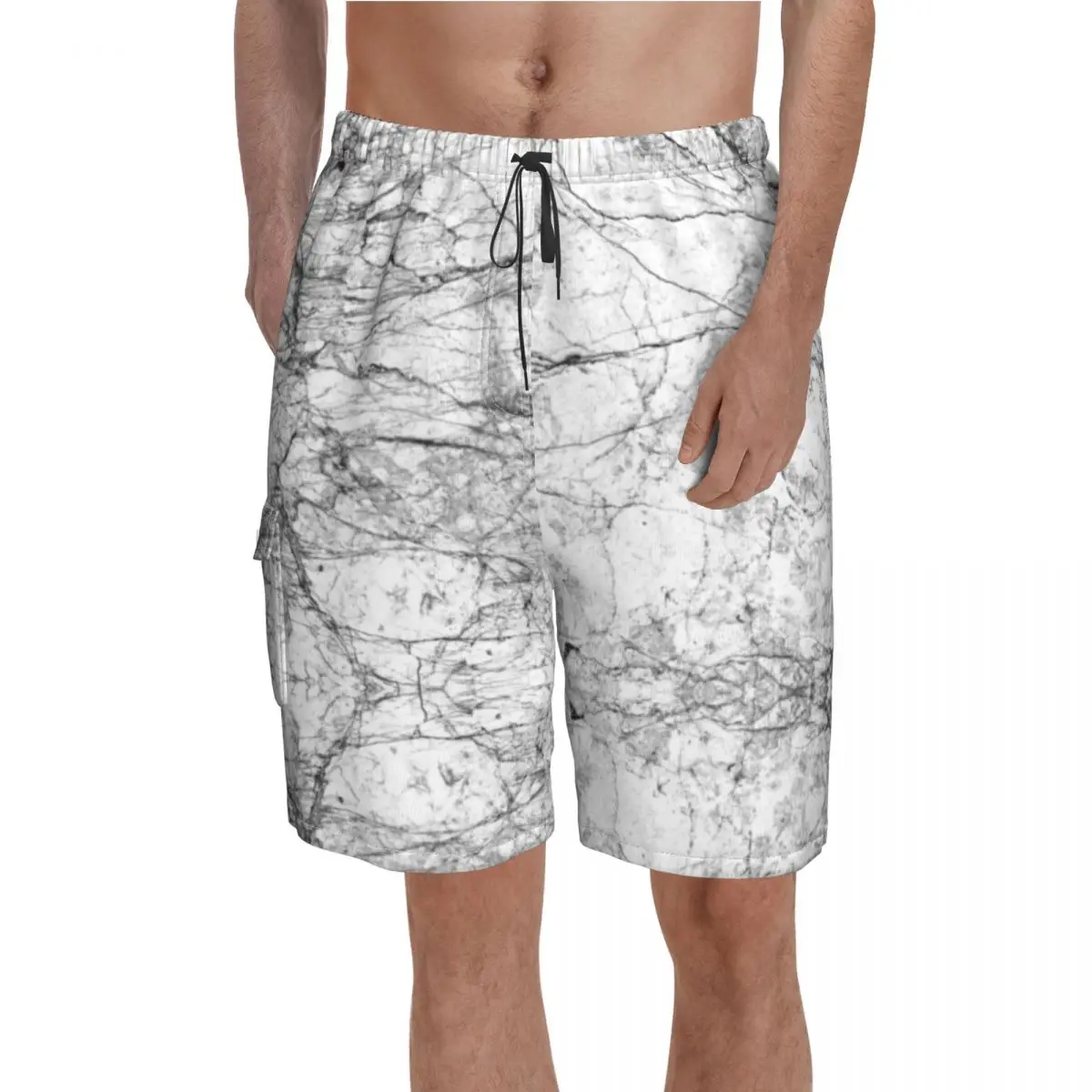 

Black And White Natural Marble Board Shorts Modern Faux Texture Marbles Board Short Pants Drawstring Comfortable Swim Trunks