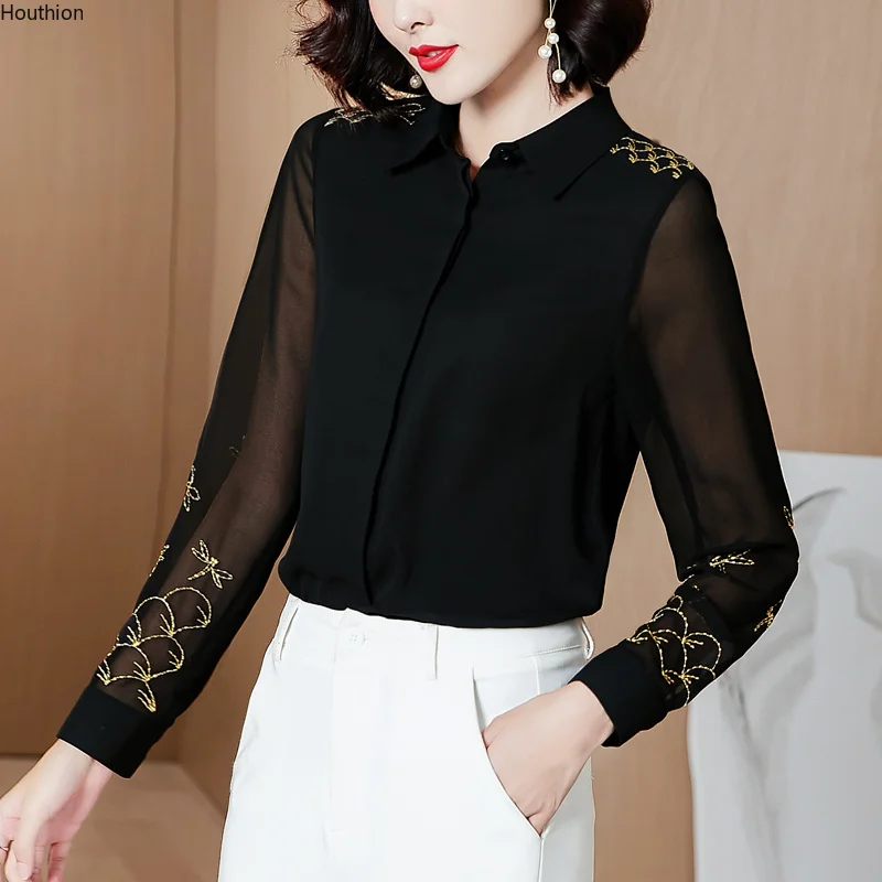 

Women's Blouses Fashion Chiffon Polo Shirt Leisure Korean Summer Long Sleeves Top Female Clothing Houthion
