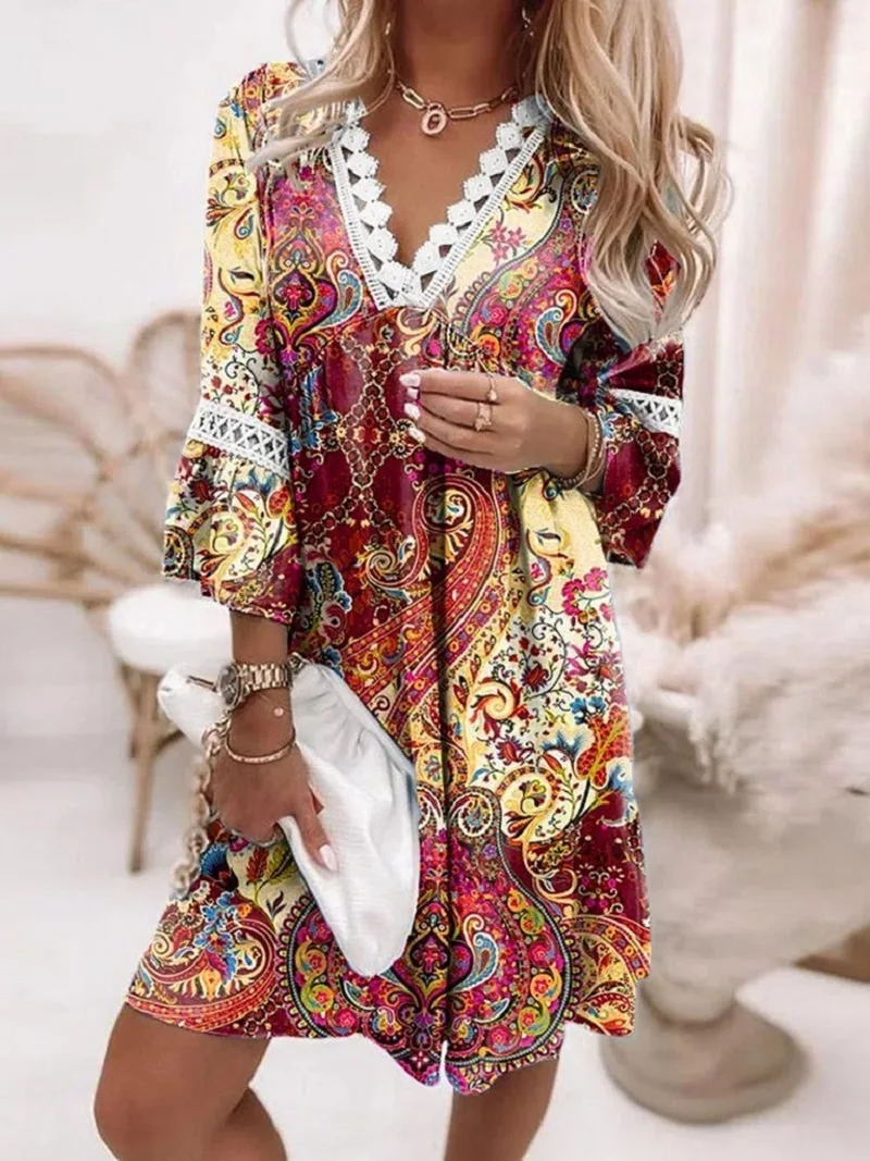 

Boho Print Loose Dress Women 2023 Spring Summer Ethnic V-neck Patchwork African Bohemian Casual Holiday Dresses for Beach