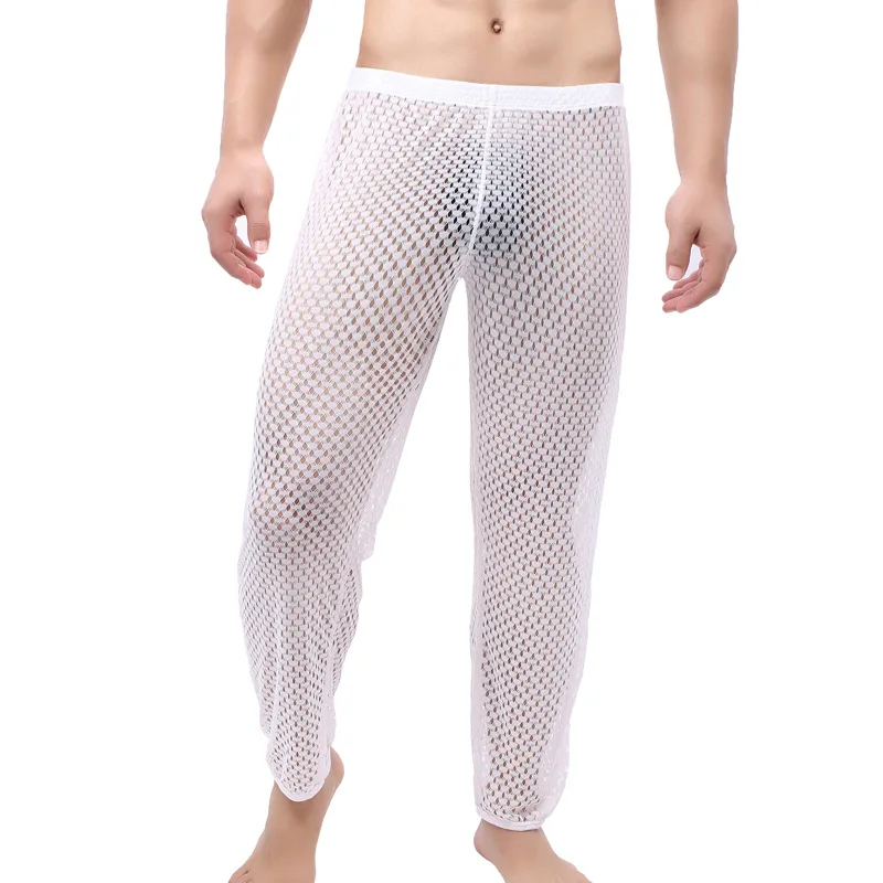 Men Full Length Pants Sexy Long Johns Breathable Male Sleep Bottoms Trousers Loose See Through Pants Casual Homewear