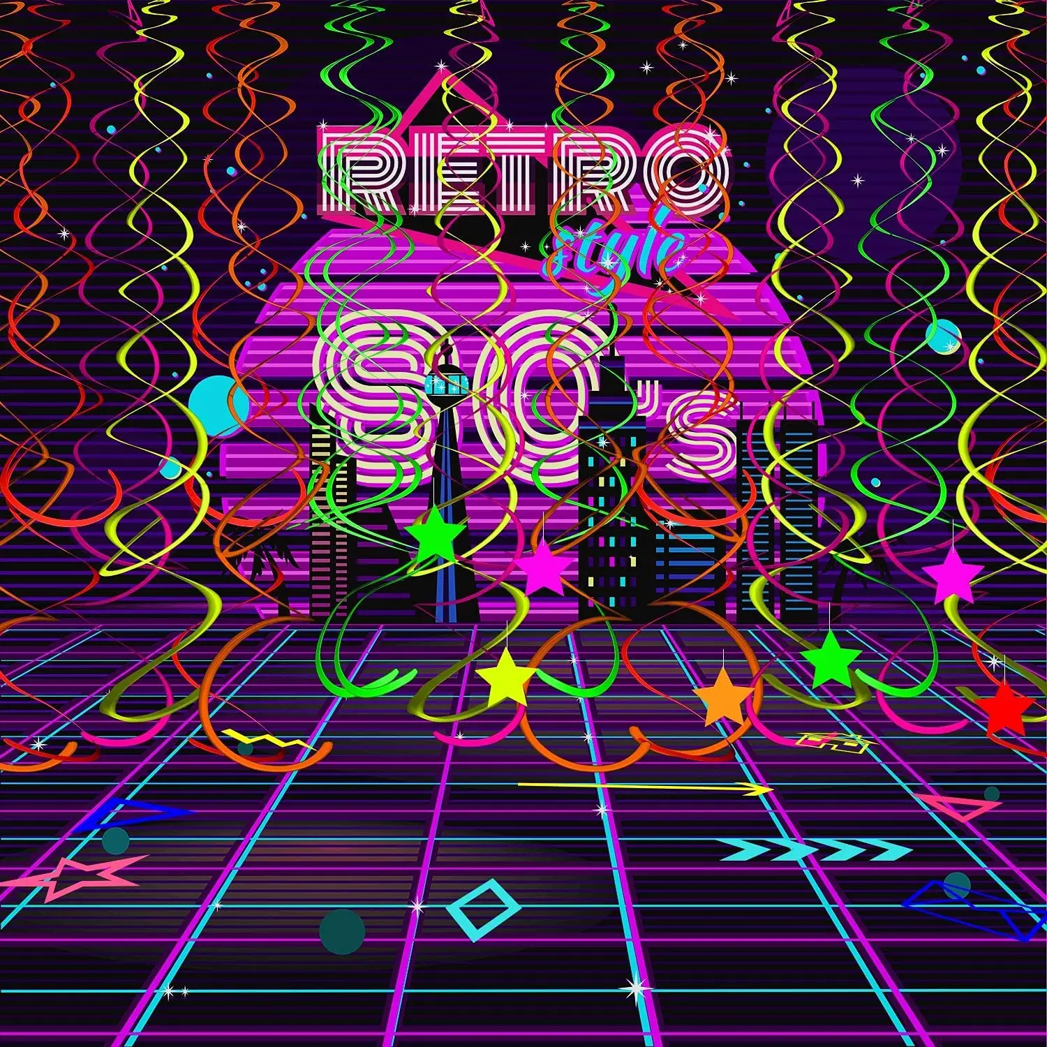 

50 Pcs Glow Party Supplies Hanging Swirl Decorations Neon Star Swirl Hanging Decorations for Neon Party Glow Party Ceiling Decor