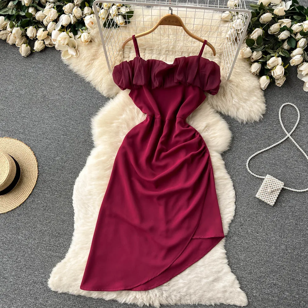 

French Wrap Hip Dress Women New Fashion Summer Sexy Sleeveless Fold Slim Irregular Hip Solid Color Korean Vestidos G620