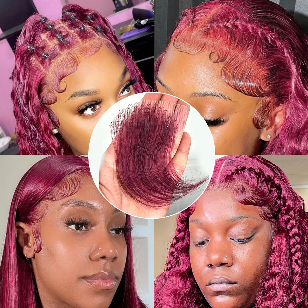 2pcs 99J Burgundy HD Lace baby Hair Wig Invisible Lace Hairline Wine Red PrePlucked Baby Hair Human Hair Wigs Lace Edges Hair