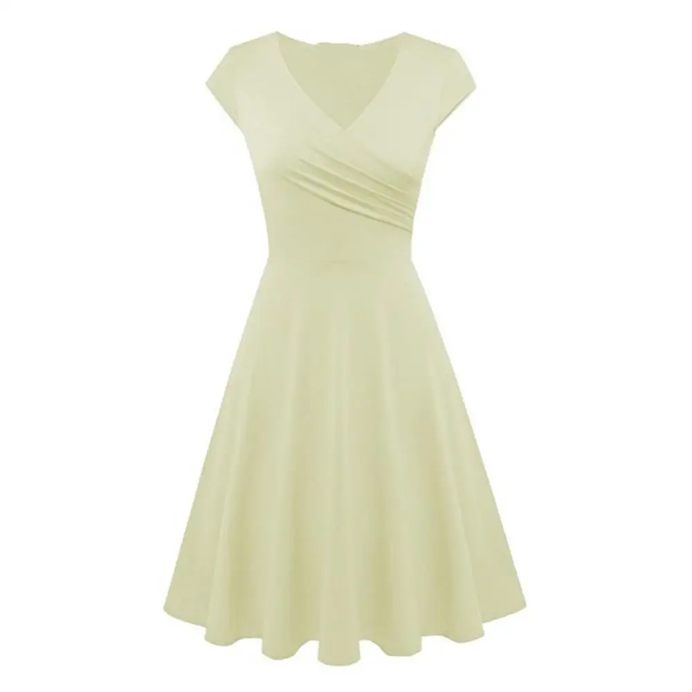 

Fashion Women Solid Color V Neck Short Sleeve Plated Swing Party Banquet Dress