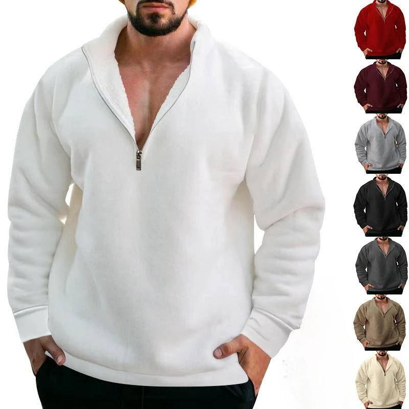 

Autumn Winter Men's Plush Warm Stand Collar Loose Fitting Sweater Casual Half Zippered Pullover Solid Color Large Size Jacket