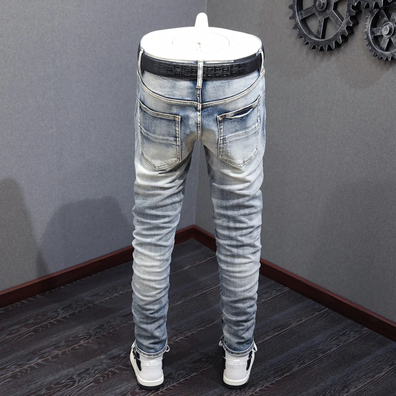 High Street Fashion Men Jeans Retro Light Gray Blue Elastic Skinny Ripped Jeans Men Patched Designer Hip Hop Brand Pants Hombre