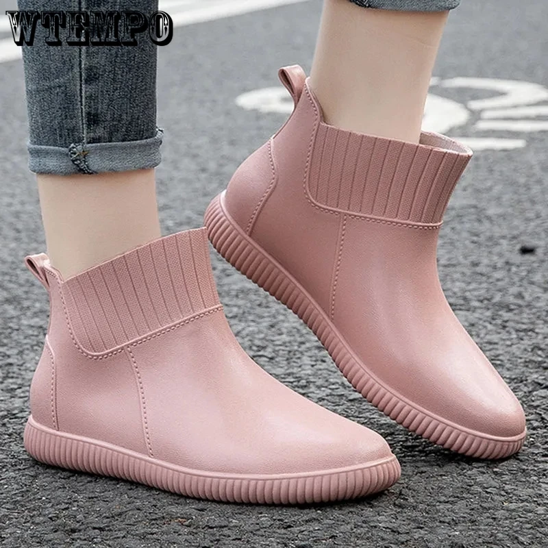 

Short Tube Rain Boots Waterproof Antiskid Round Toe Slip-on Women's Rubber Shoes Solid Color Simple Casual Commuting New Fashion