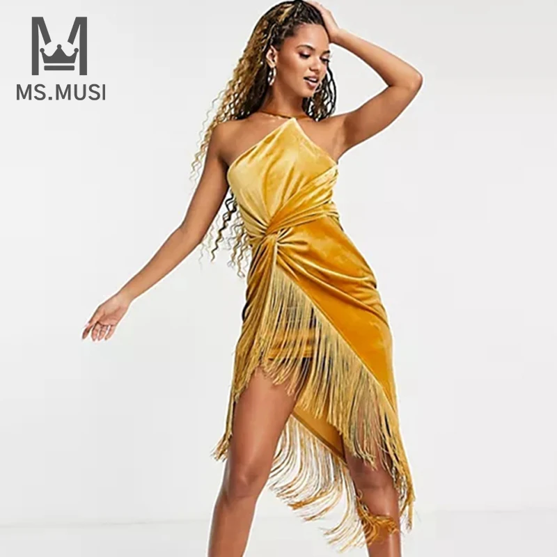 

Новинка 2022, модное женское сексуальное бархатное платье-миди с лямкой на шее MSMUSI, с кисточками и драпировкой, без рукавов, с открытой спиной, с разрезом