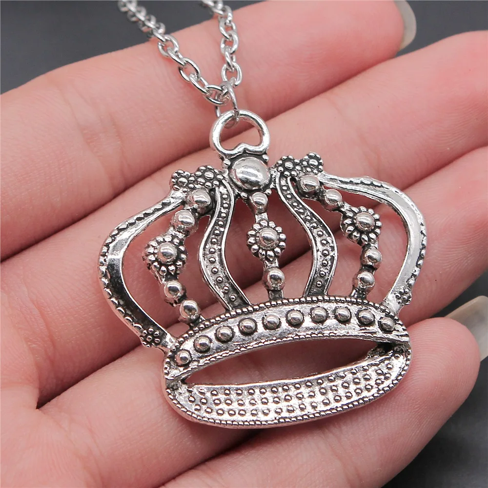 Ожерелье с подвеской в виде большой короны для мужчин и женщин, колье с длинной цепочкой под старину серебро 42 х41 мм