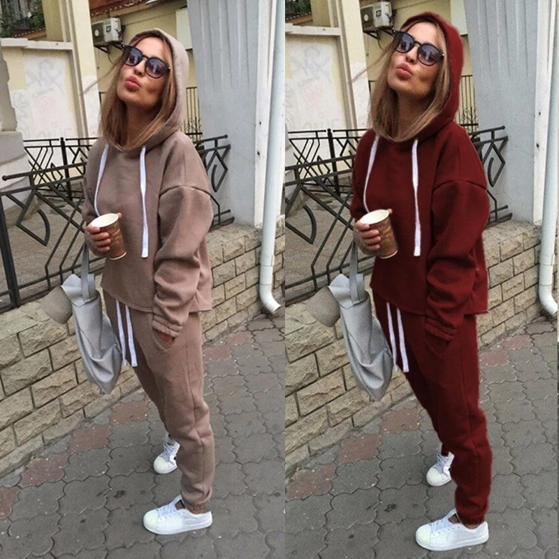 

Tracksuit 2Pcs Women Set Hoodies Crop Top Sweatshirt Solid Long Pants And Hooded Tops Women Clothing Suits Female 2 Pieces Sets