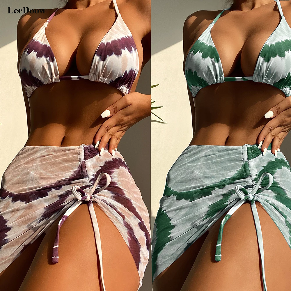 

2022 Women Three-piece Summer Swimsuit Stripe Print Push Up Swimwear Bikini Set Bathing Beach Bikini Swimming Wear