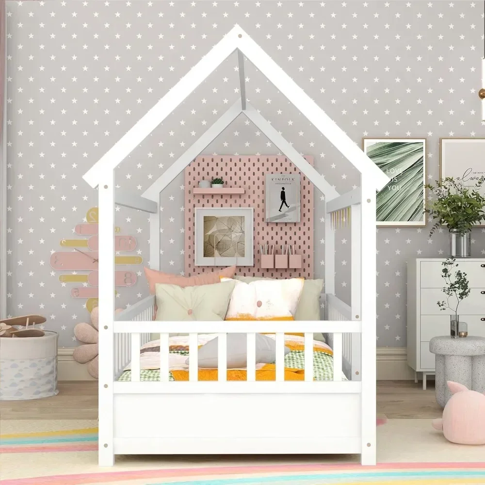 Фото # Для Lit jumeau au sol Монтессори, lit jumeau avec clôture, maison jumelle pour enfants, filles, gar Voiżyć, blanc& №4