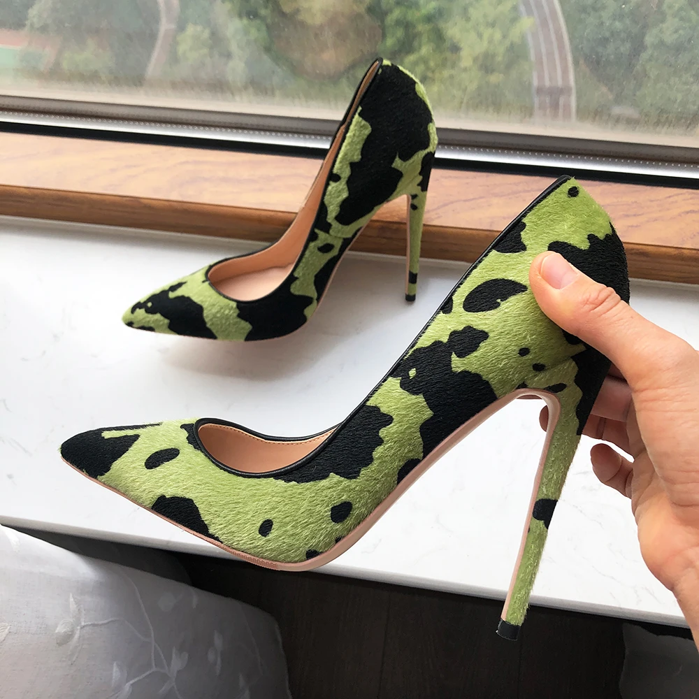 Tikicup Hairy Grafitti Pattern Women Green Pointy Toe High Heel Shoes Unique Design Sexy Slip On Stiletto Pumps Plus Size 33-45