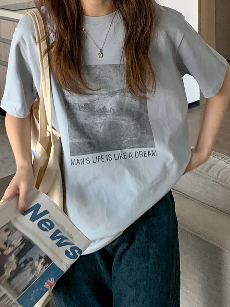 

Jyate 2023 летние новые корейские Ретро футболки, повседневная футболка с коротким рукавом и круглым вырезом, женские модные свободные однотонн...