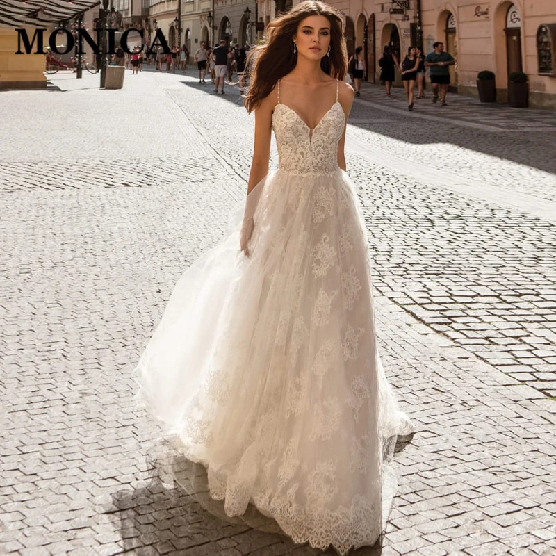 

MONICA Sexy Wedding Dress Spaghetti Straps Off Shoulder Tulle Appliqués Gorgeous Summer New Prom Bride Princess Dress Vestido