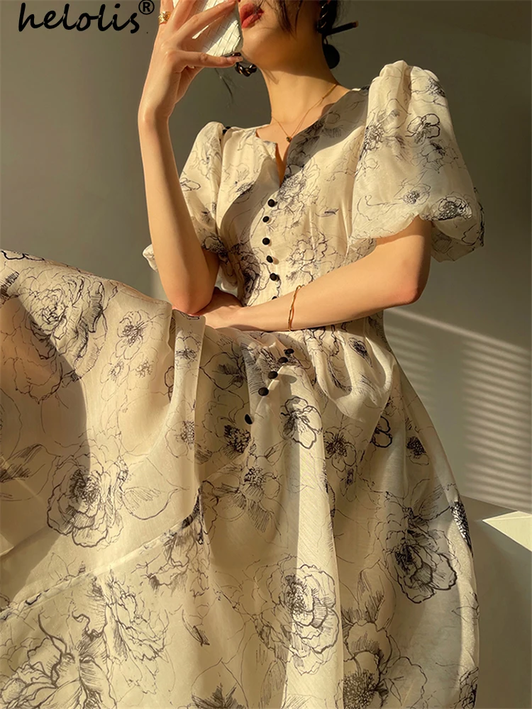 

Helolis Vintage Floral Printed A-Line Dresses Women 2023 Summer V Neck Puff Sleeve Slim Waist Elegant Midi Dress French Style