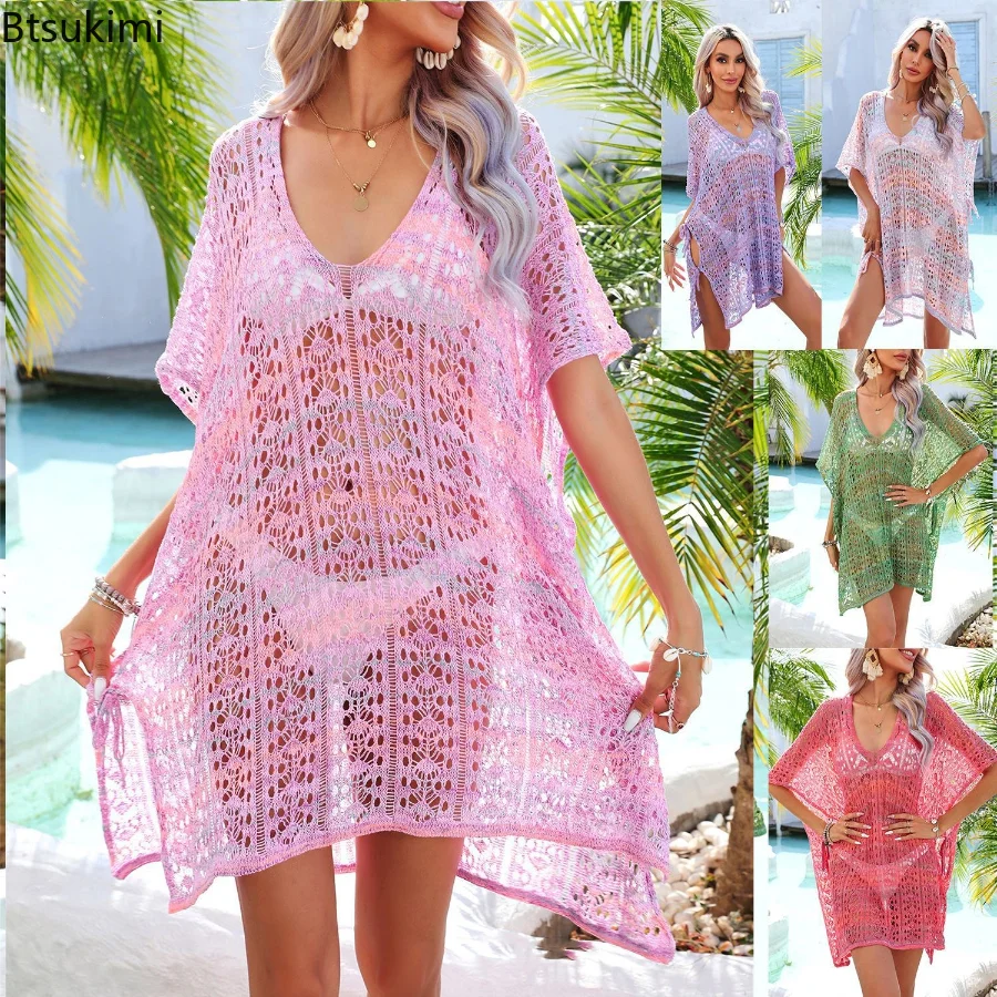 

2023 Summer Sexy Cover Ups Tie Dye Hollow Out Crochet Oversize Tunic Beach Cover-ups Beach Dress Women Beachwear Female 5Colors