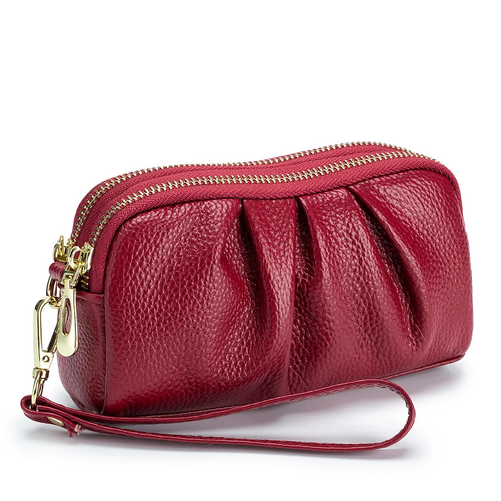 

Fashion Soft Genuine Leather Ladies Day Clutches Clutch Bags Organizer Purse Double Zippers Cowhide Plicated Mini Wristband Bag