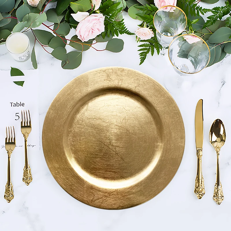 Juego de platos de plástico y oro para decoración de boda, Set de 12 piezas de plástico elegante, a granel, plateado, acrílico, para mesa de cena, venta al por mayor