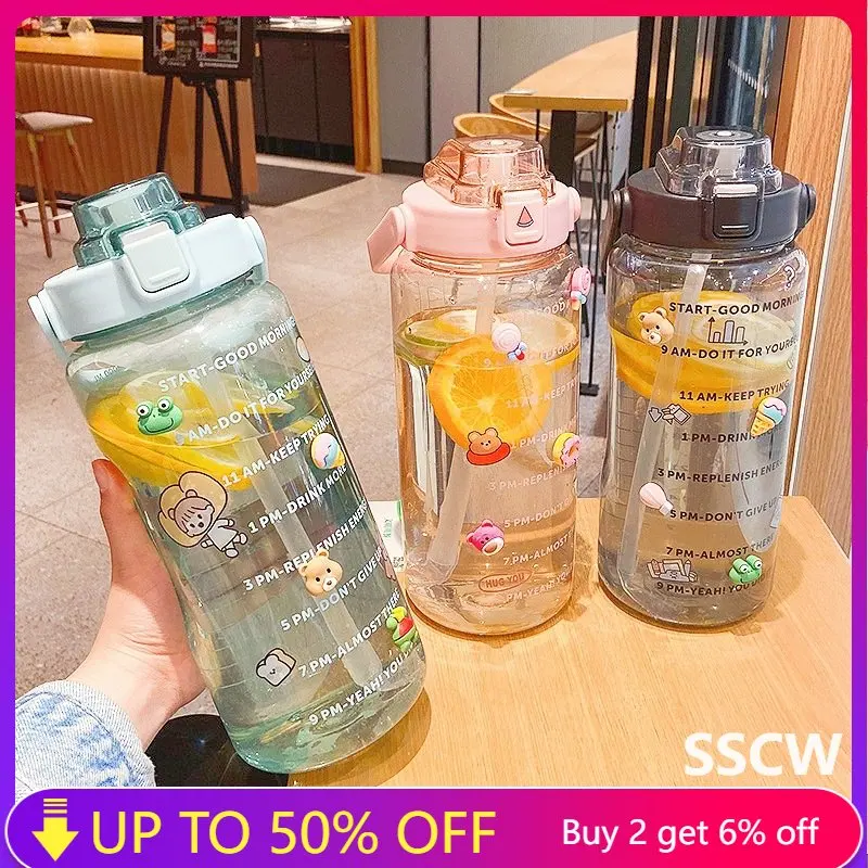Cute Water Bottle 2 Liter Large Capacity Straw Drinking Bottle with Stickers Sport Plastic Cups for Student Kids Gourdes Termos