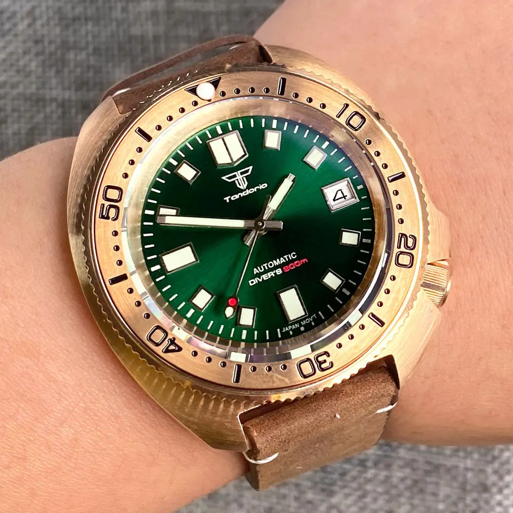 

44mm Tandorio Real CUSN8 Bronze Case Bezel 200m Waterproof Green Dial Japan NH35A PT5000 Automatic Diving Mens Watch Leather