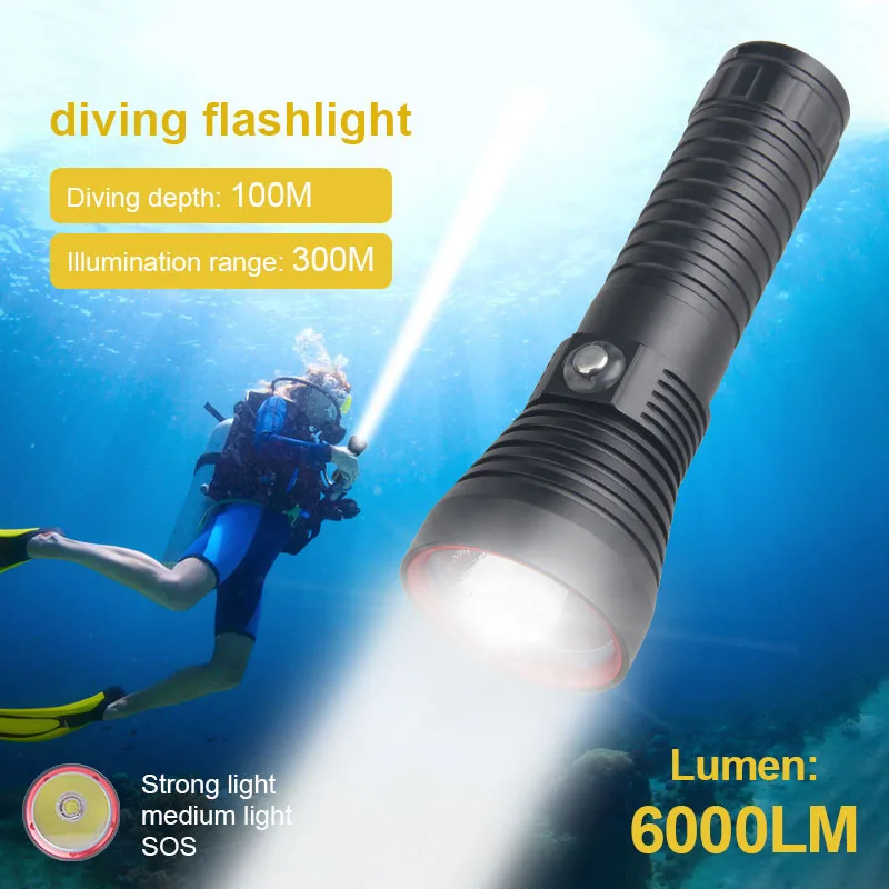 LED Diving Flashlight Underwater Fishing Torch 6000LM 26650 Waterproof Dive Lamp Lantern Diving Flashlight Yellow White Light