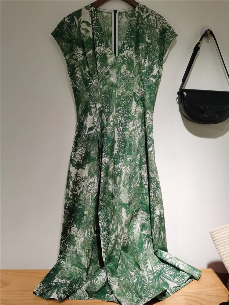 

Max* Women's dress 2023 summer New Mid length version Cotton green printed sleeveless V-neck waist up dresses for women