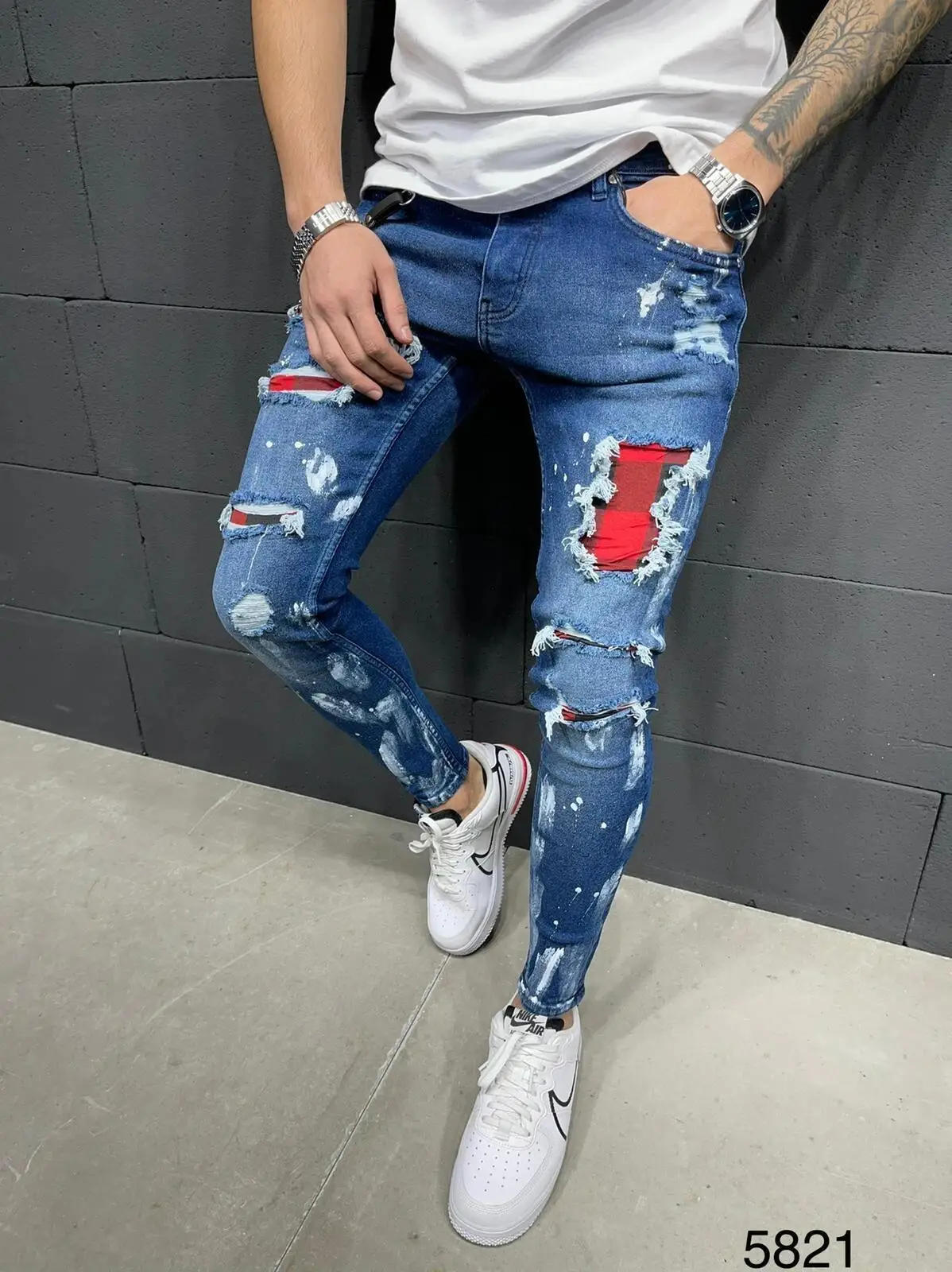 2023 New Blue Ripped Jeans Hip Hop Denim Men trousers Trend Destroyed black slim-fit feet pants Men's paint jeans