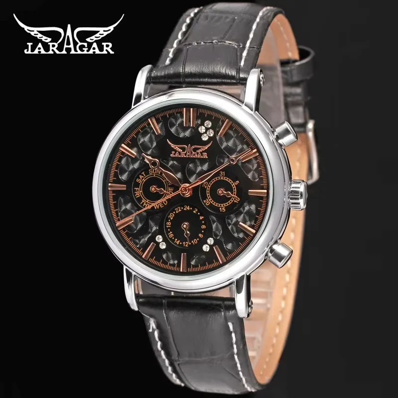 Фото JARAGAR Мужские и женские часы Механические часы с шкалой Peg Круглые часы Day and Date Черные механические часы №2