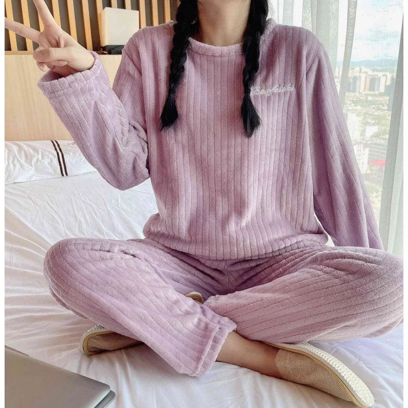 

Autumn Winter Flannel Pajama Sets Two Piece Set Women Outfit Long Sleeve Top Pants Suit Loungewear Pijamas Inverno Feminino