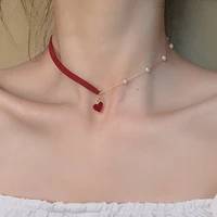 new fashion red love heart pendant pearl chain simple temperament necklace for women accessories ladies jewelry gift wholesale