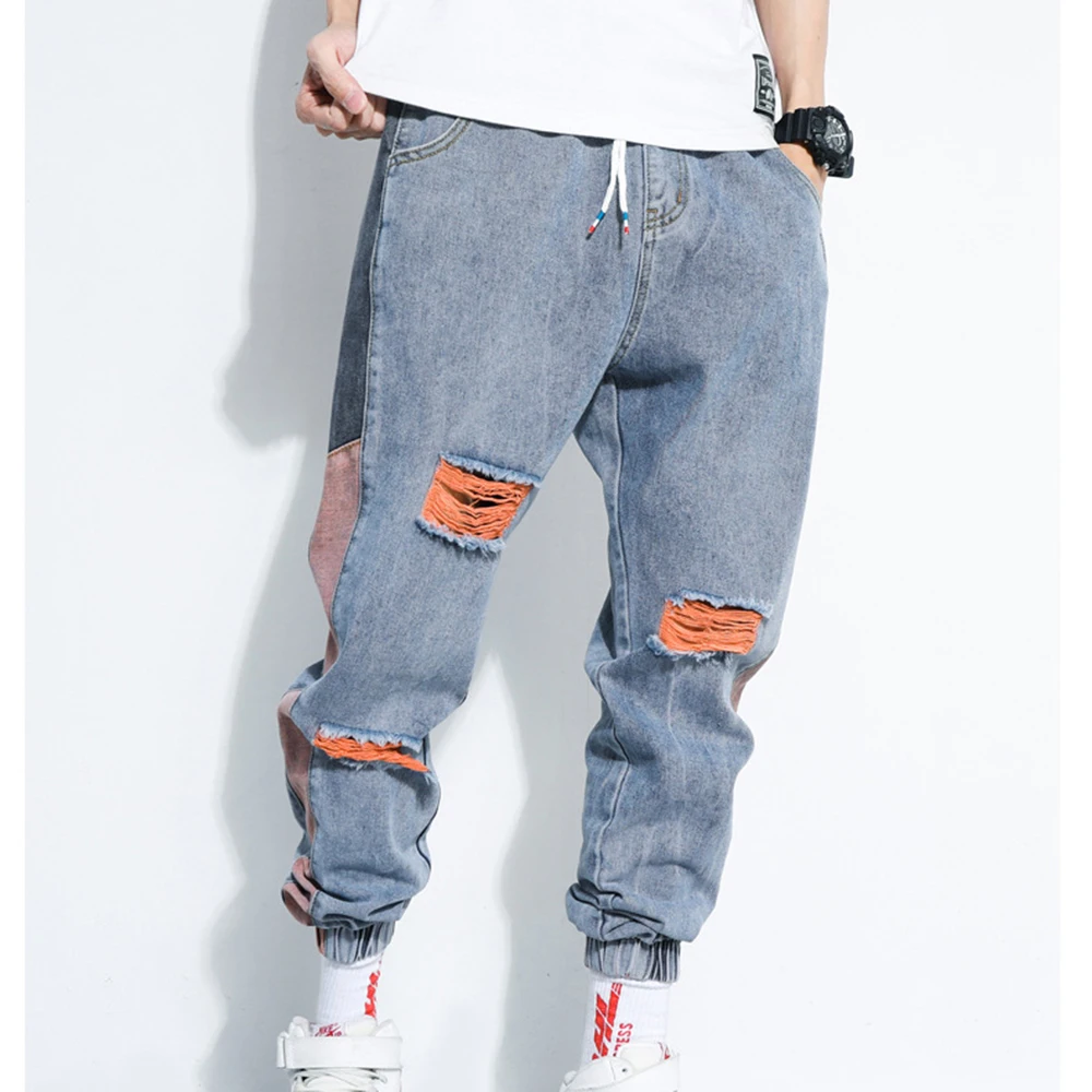 Shattered Jeans Men's Fashion Washed Contrast Casual Jean Pants Men Streetwear Loose Hip Hop Trousers Pants Mens M-5XL MKN005