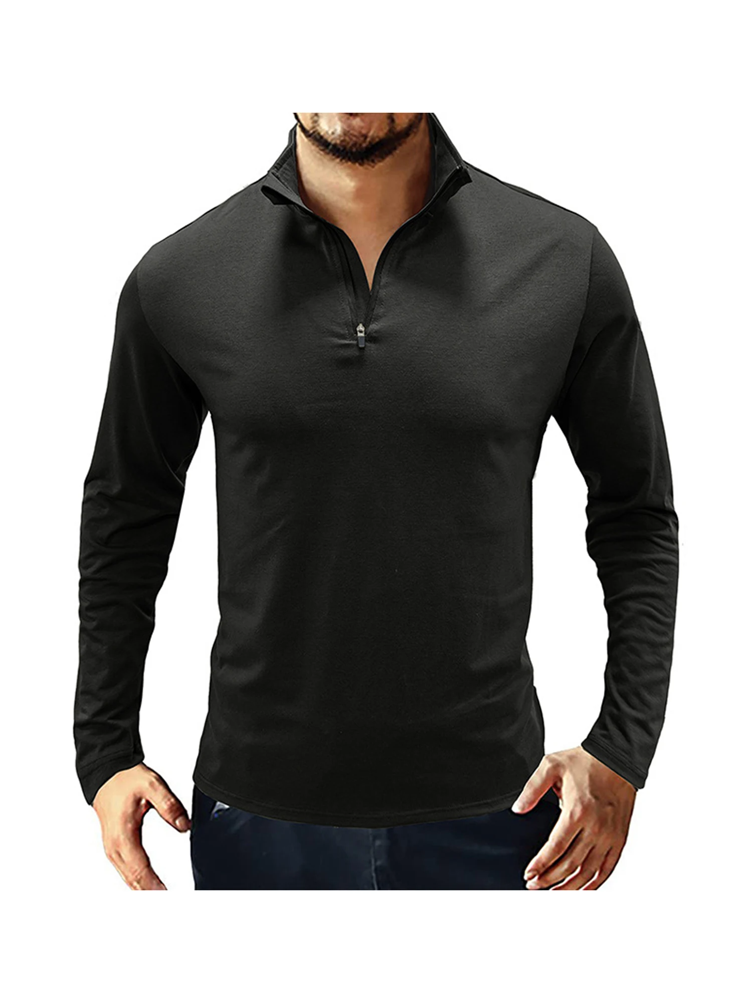 

Mens Long Sleeve Shirts Casual Slim Fit Golf Shirt Turn-Down Collar Zipper Active Shirts
