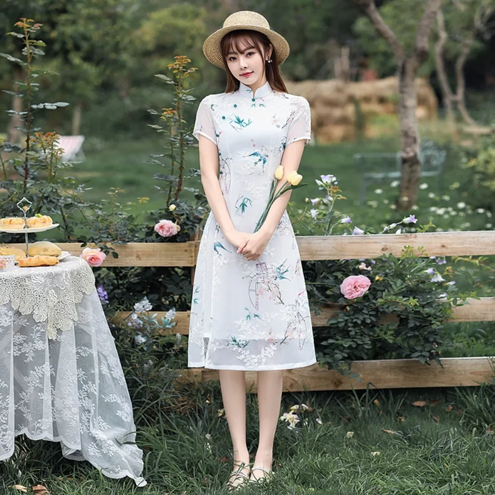 Модные элегантные платья-миди в китайском стиле Современные Moman Ципао летнее