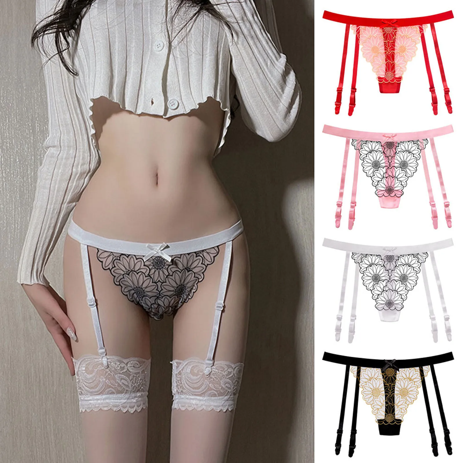 

Prin Lace Panties Sexy Womens Lace Gather Belt With G String Thong Ladie Flroal Transparent Suspenders Lingerie Sheer Mesh Belt