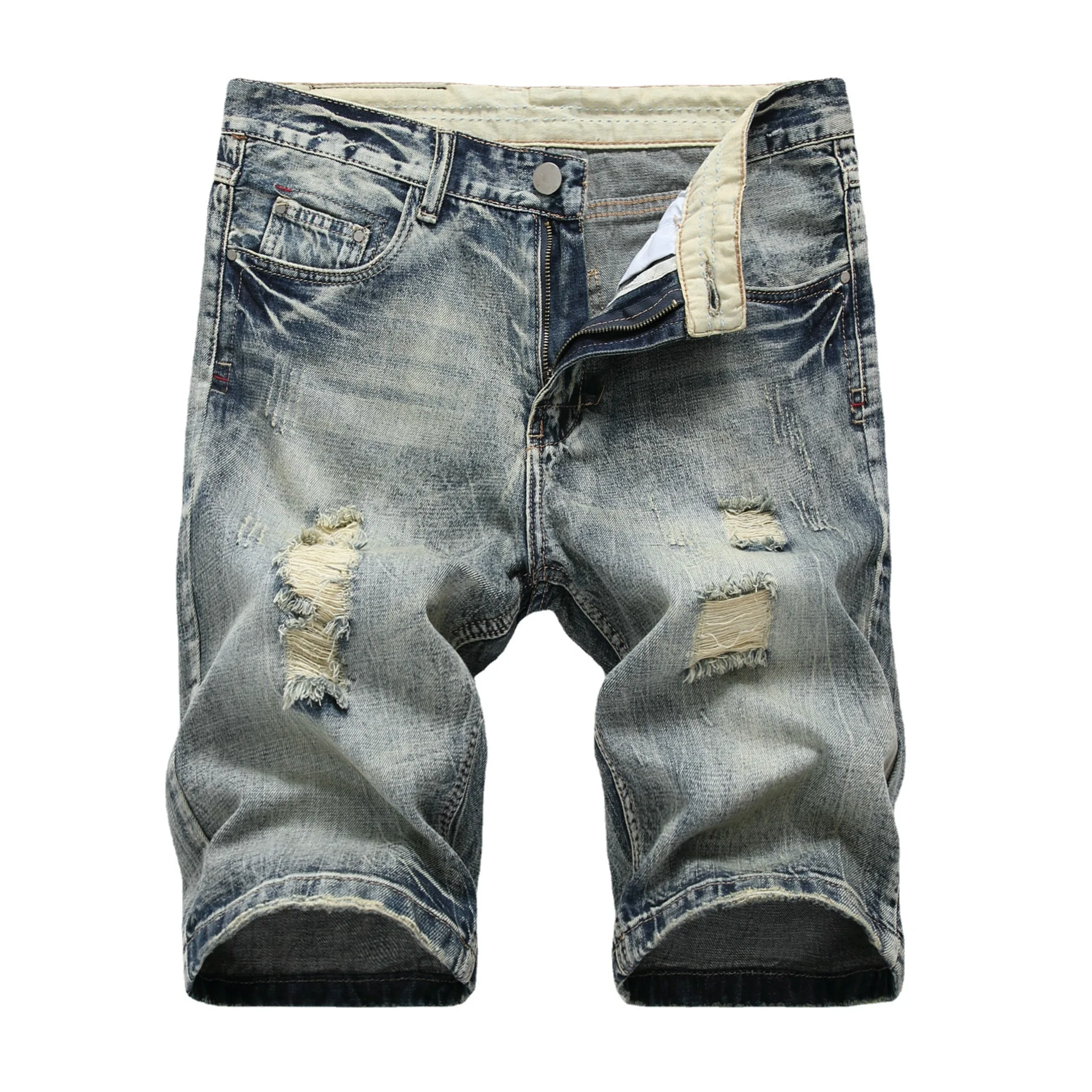 Men's denim shorts Summer cotton ripped casual sports beach slim