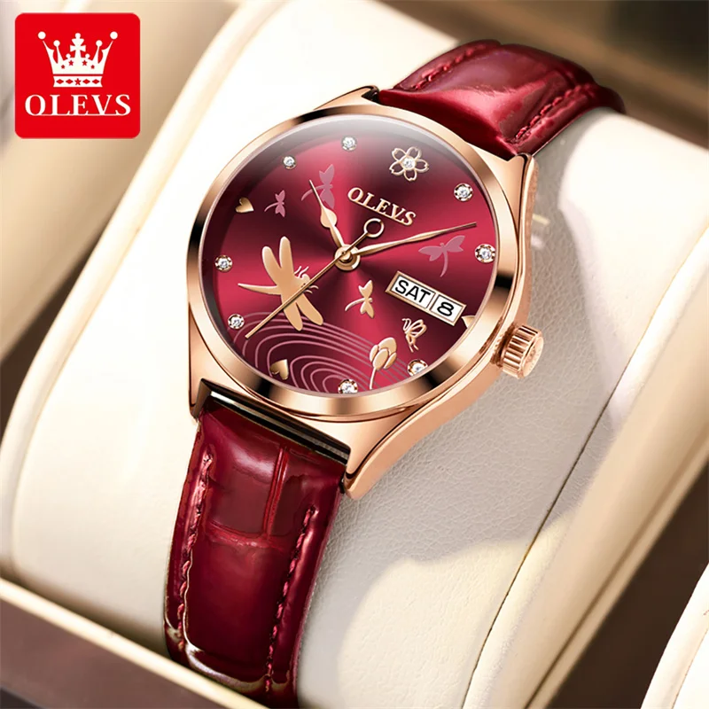 Reloj Mujer OLEVS Automatic Mechanical Women Watches Fashion Rose Gold Leather Strap Ladies Watch Romatic Girlfriend Gift