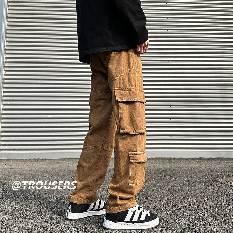 Brown Black Baggy Jeans Men Fashion Vintage Pocket Cargo Jeans Men Japanese Streetwear Hip-hop Loose Straight Denim Trousers Men