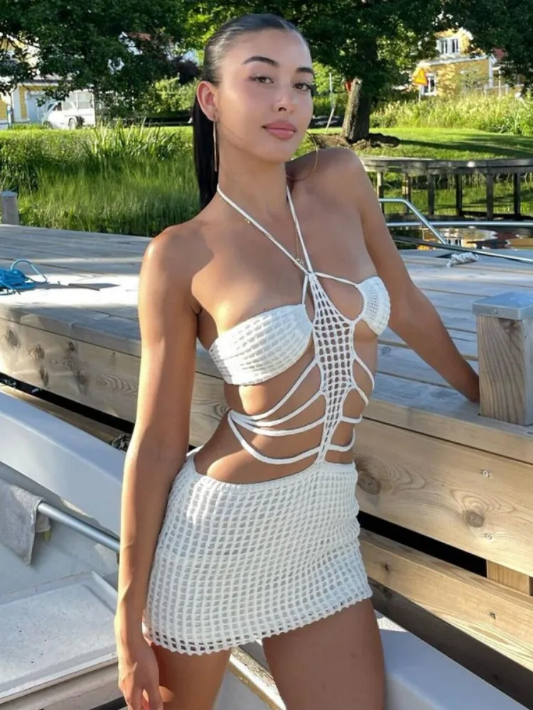 

Трикотажное белое платье, женское летнее сексуальное пляжное платье с вырезом, на бретелях-спагетти, Y2k одежда, мини платья для женщин