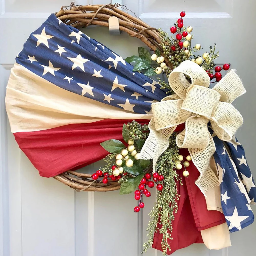

Patriotic Wreath for Front Door 4th of July Wreath Red White Blue Classic Wreaths Independence Day Decoration Rattan Wreath