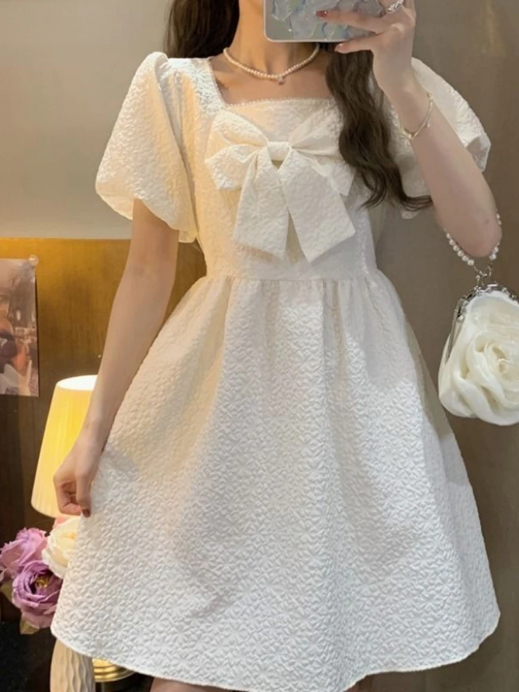 

Short Puff Sleeve Dresses Women Bow Students Kawaii Summer Vestidos Basic Design Daily Stylish Young Preppy Sheer Retro Cosy