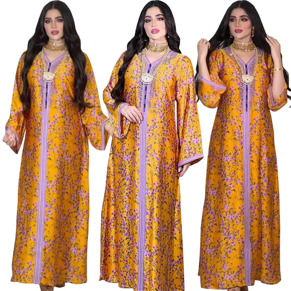 

Morocco Party Eid Women Elegant Abaya Floral Print Maxi Dress Turkey Arab Dubai Saudi Kaftan V-neck Gown Ramadan Jalabiya Caftan