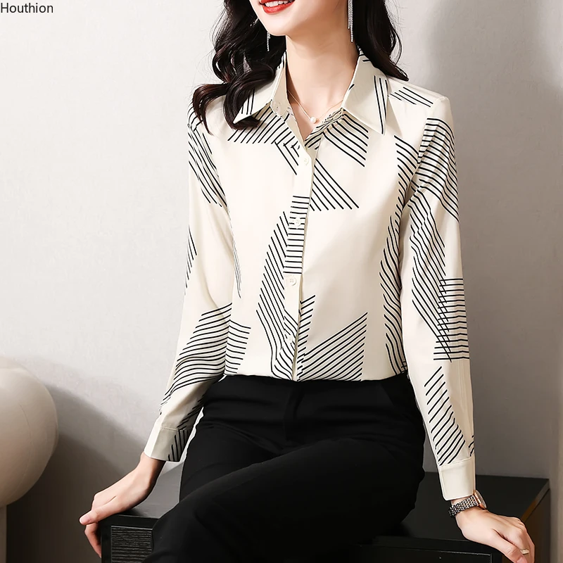 Chiffon Women's Blouse Striped Loose Polo Shirt Summer Fashion Casual Long Sleeve Top