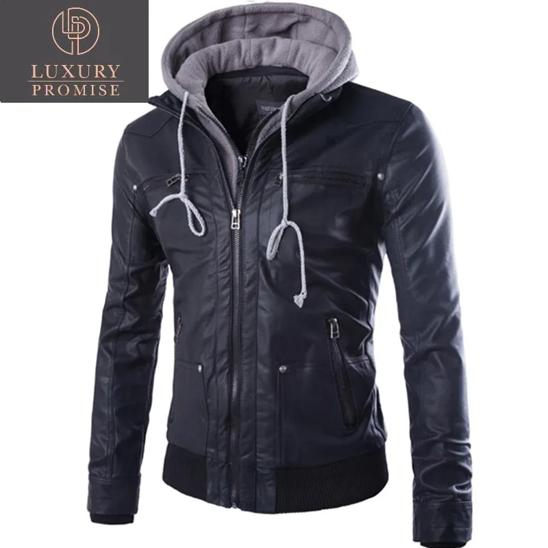 

Мужская зимняя куртка-бомбер из искусственной кожи с капюшоном